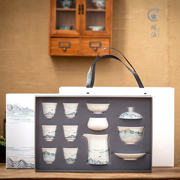 羊脂玉白瓷套装家用千里江山泡茶功夫茶道商务礼盒陶瓷茶具