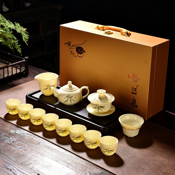 宝石黄羊脂玉茶具套装功夫茶杯会客厅家用简约创意送礼茶盖碗套装