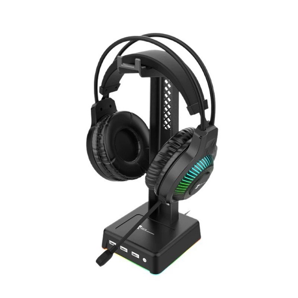 品牌HT01支架头戴游戏耳机支架立式发光底座三USB拓展3.5mm音频
